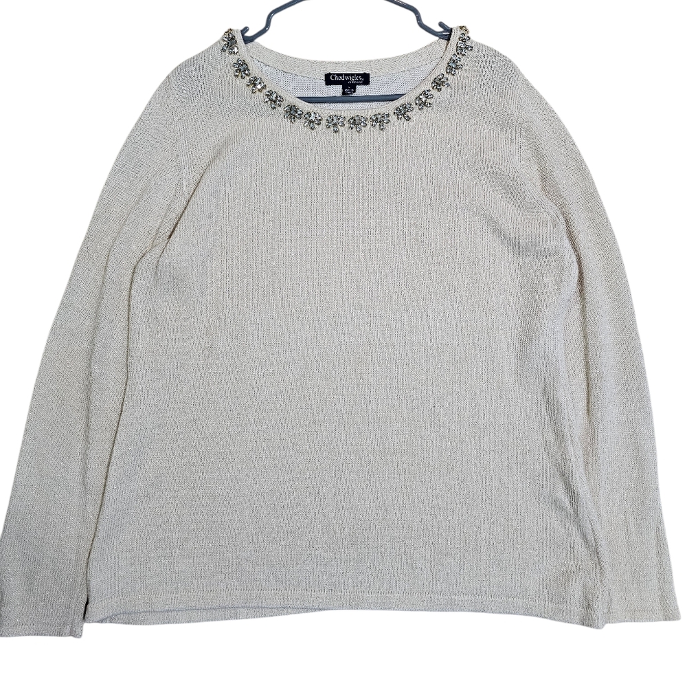 Chadwicks Beaded Neckline Metallic Knit Sweater Gold Shimmer Womens L Luxury 90s - Picture 2 of 7